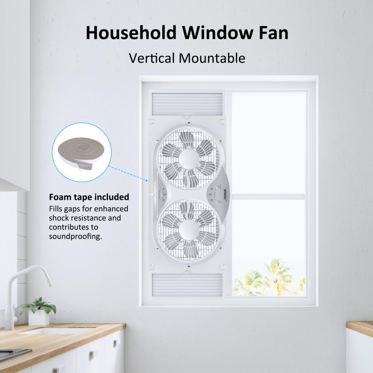 shinic Window Fan with Reversible Airflow Quiet, Twin 9" Blades, Full Remote Control, 3 Functions-3 Speeds, Bathroom Kitchen Window Exhaust Fan, Width Adjustable (From 23.5" to 37") ETL Certified