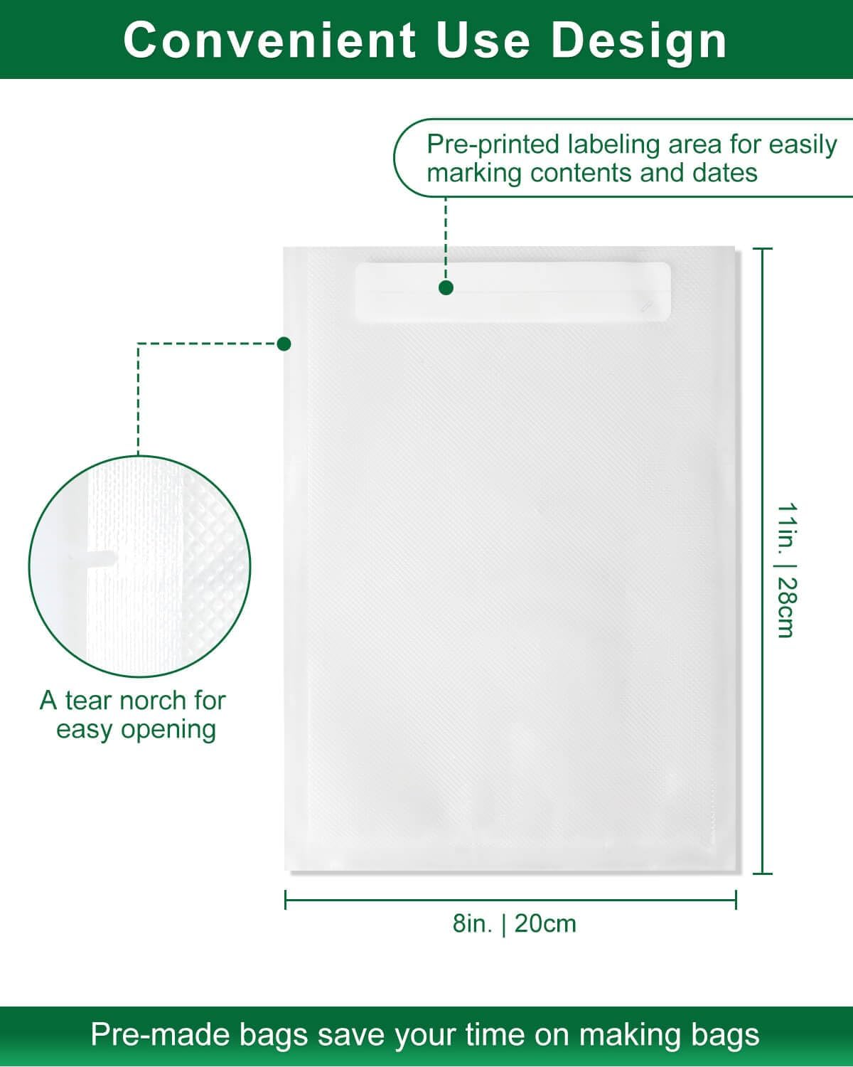 Quart Vacuum Sealer Bags - 8x11 Inch BPA-Free Heavy Duty Food Storage | 100 Count Precut with Labels