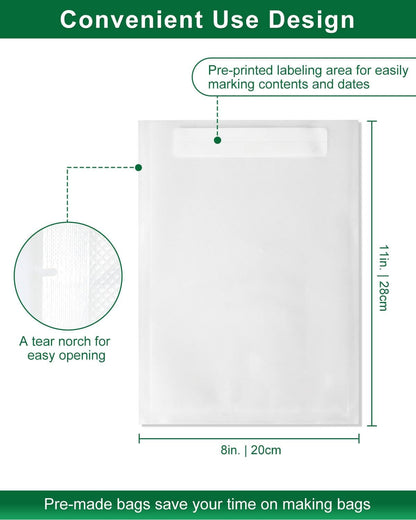 Quart Vacuum Sealer Bags - 8x11 Inch BPA-Free Heavy Duty Food Storage | 100 Count Precut with Labels