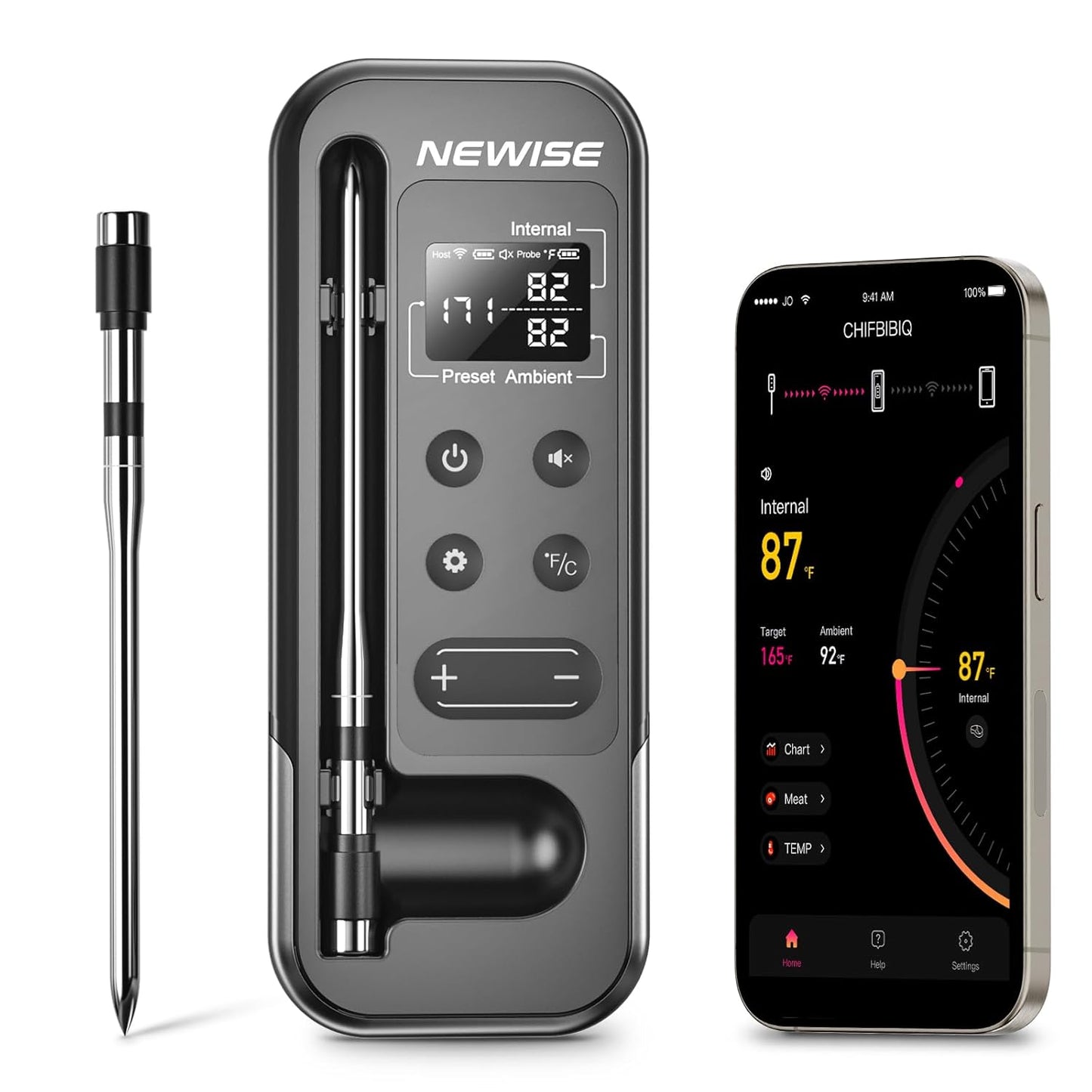 Newise Bluetooth Meat Thermometer - Smart App Control, 800FT Wireless Range & Rechargeable Probe | Ideal for BBQ & Grilling