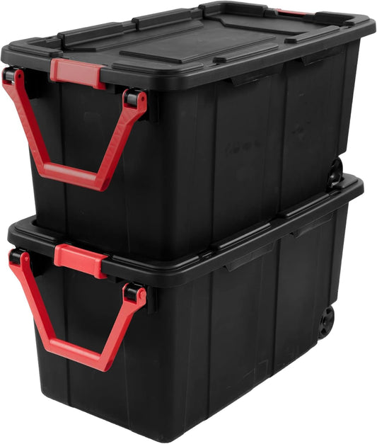 Regine Switzerland Extra Large 40-Gallon Plastic Storage Bin - Durable with Wheels & Handle, Black | Pack of 2