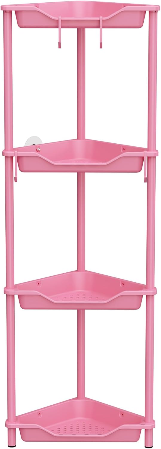 Orimade 4-Tier Rustproof Corner Shower Caddy Organizer - Durable Plastic & Metal, Pink, 10.8 x 10.8 x 44.6 Inches
