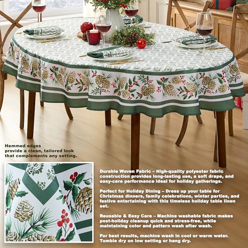 Christmas Holly Pinecone Border Fabric Tablecloth 60 x 84 Inch Oval - Holiday Green & White