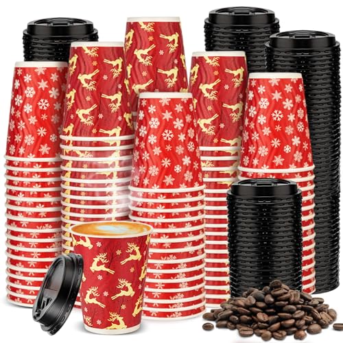 Christmas Cups with Lid 12oz Elk Snowflake Design - Pack of 100, Holiday Party Tableware