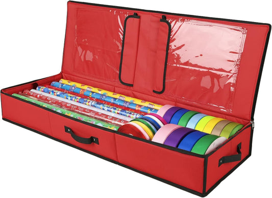 Mobi Lock Wrapping Paper Storage Box - Durable Red Organizer with Zipper & Pockets | Holds 24-30 Rolls
