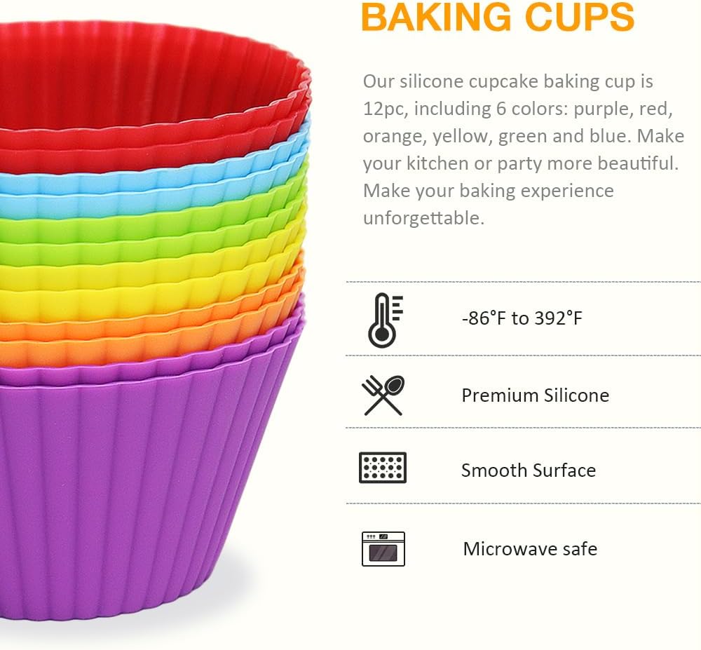 Skiennix Extra Large Silicone Muffin Cups - 12 Pack, 3.54 Inch Reusable Baking Liners | Multicolor