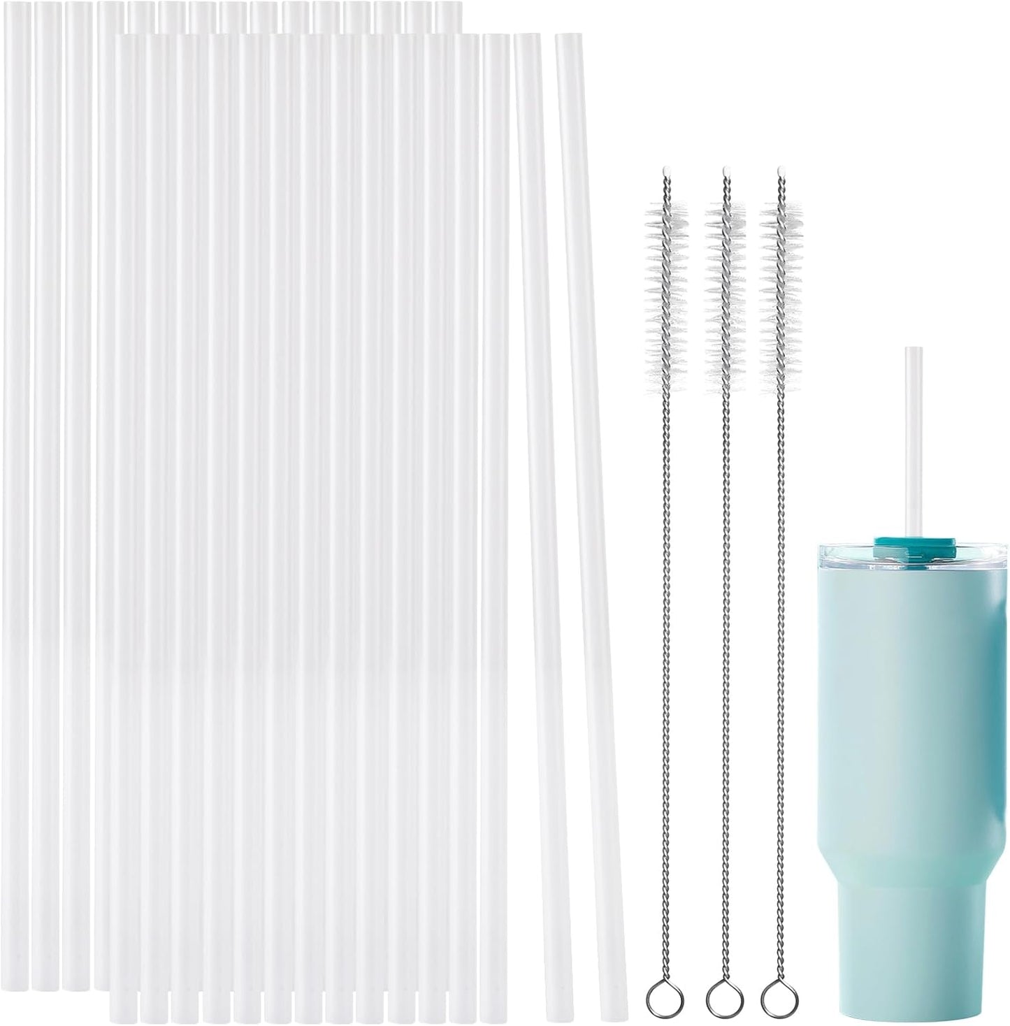 Stanley 30Pcs Replacement Straws - 12 Inch Reusable Straws with 3 Cleaning Brushes | White