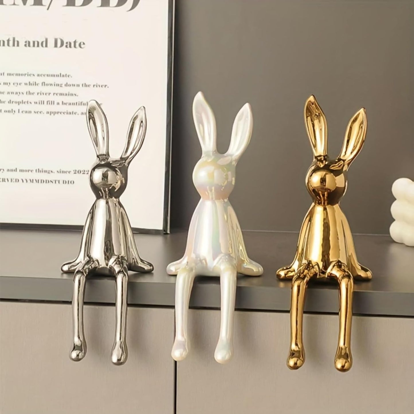 Skiennix Ceramic Long-Eared Rabbit Statue - Elegant Home Decor Accent in Gold Finish