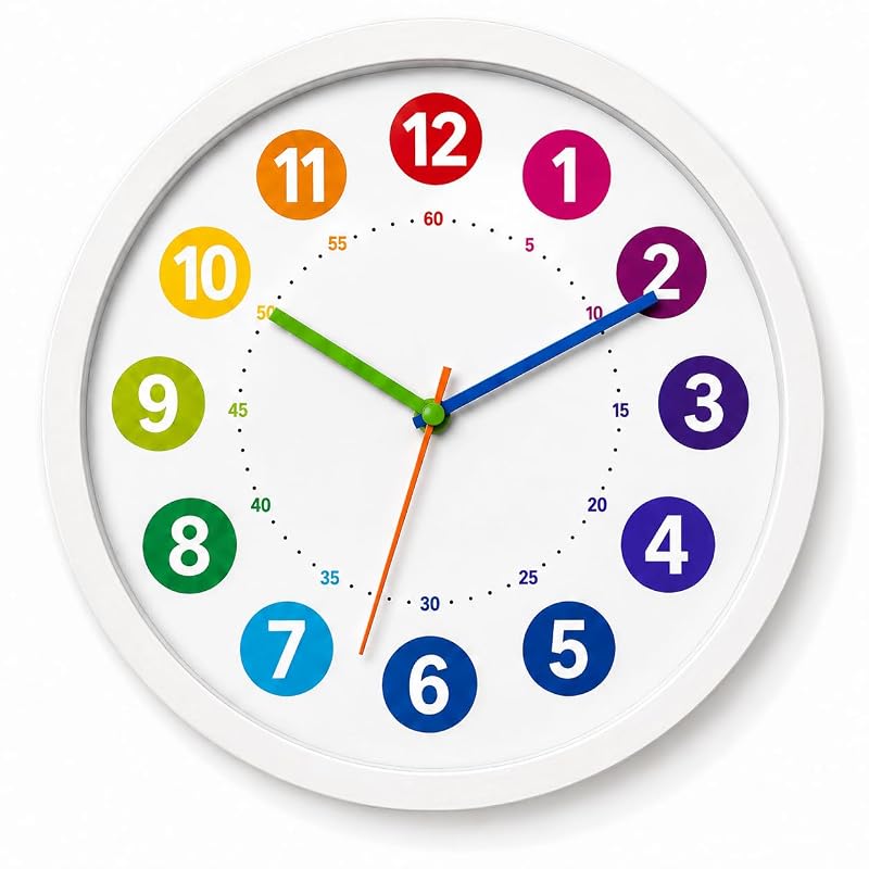 Vaulted Skulls & Co 8-Inch Silent Wall Clock – White & Multicolor, Battery-Operated Quartz