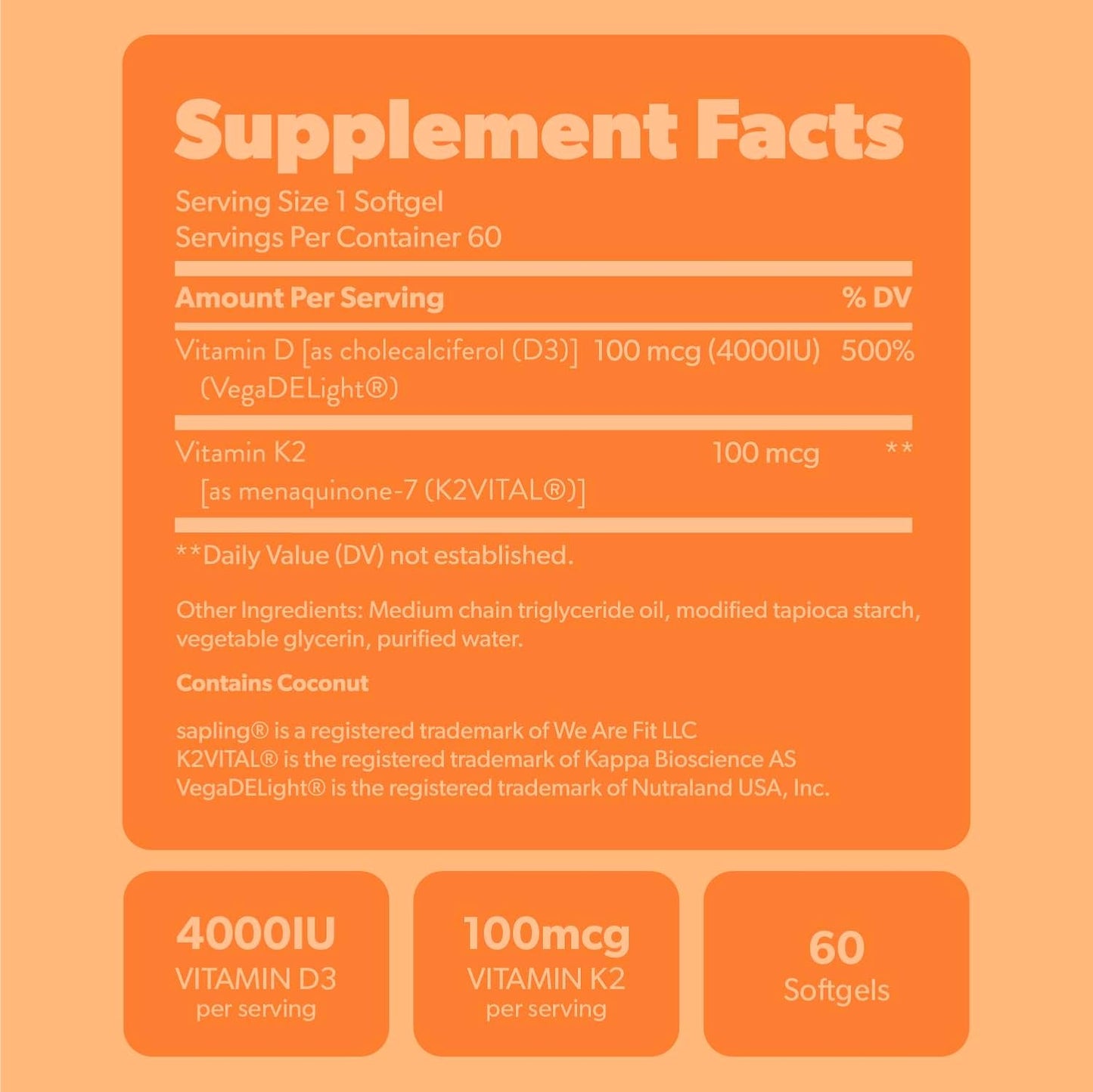Sapling Vegan Vitamin D3 + K2 Supplement - 4000 IU Vitamin D & 100mcg K2 for Bone Health | 60 Softgels