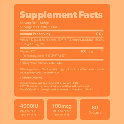 Sapling Vegan Vitamin D3 + K2 Supplement - 4000 IU Vitamin D & 100mcg K2 for Bone Health | 60 Softgels