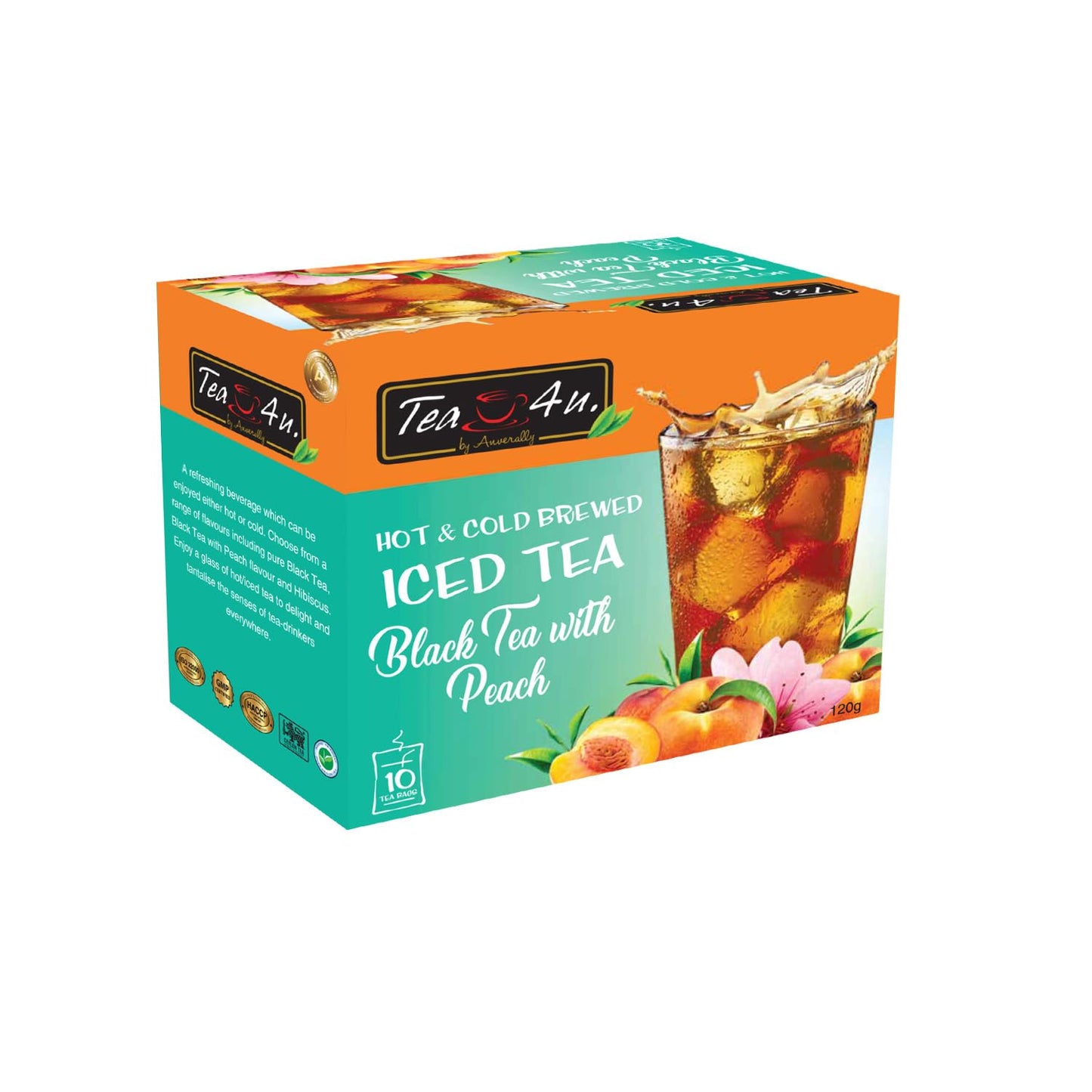 Tea4U Peach Iced TeaBags - Ideal Quality Cold and Hot Brew from Sri Lanka's Finest Leaves and Expertly Blended - Each Tea Bag Produces Half-Gallon Iced Tea - Convenient Packaging - 10 Count