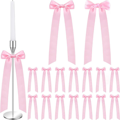 Skiennix 16-Piece Pink Candlestick Bow Set - Elegant 13-Inch Ribbon Bows for Weddings & Home Decor