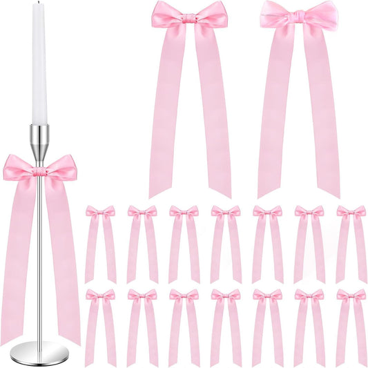 Skiennix 16-Piece Pink Candlestick Bow Set - Elegant 13-Inch Ribbon Bows for Weddings & Home Decor