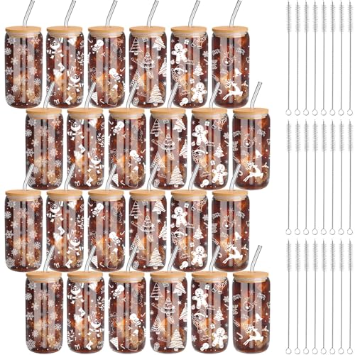 Christmas Glass Cups Set 16 oz with Lids, Straws & Brush - White Style