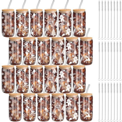Christmas Glass Cups Set 16 oz with Lids, Straws & Brush - White Style