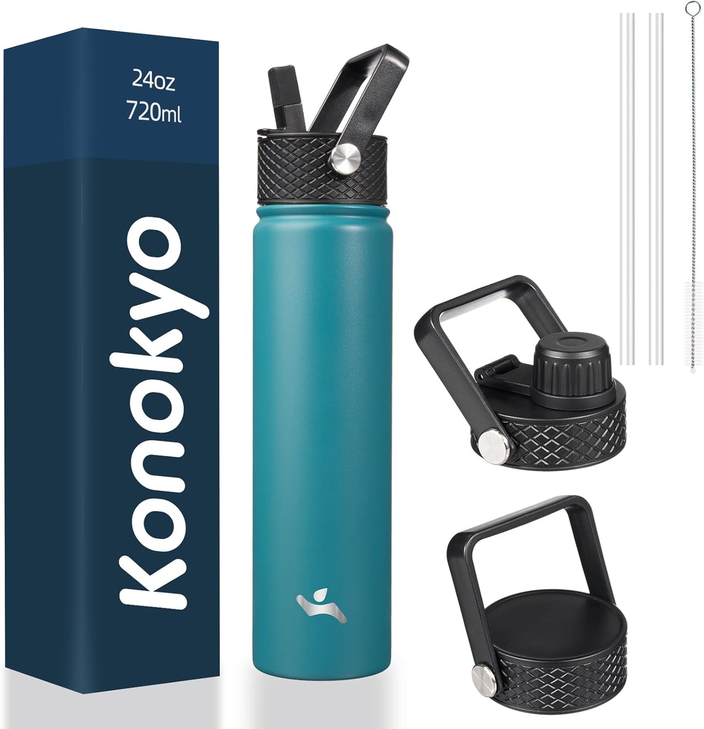 Skiennix Insulated Water Bottle - 24oz Stainless Steel Sport Bottle with 3 Lids | Light Blue
