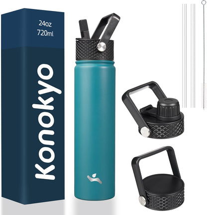 Skiennix Insulated Water Bottle - 24oz Stainless Steel Sport Bottle with 3 Lids | Light Blue