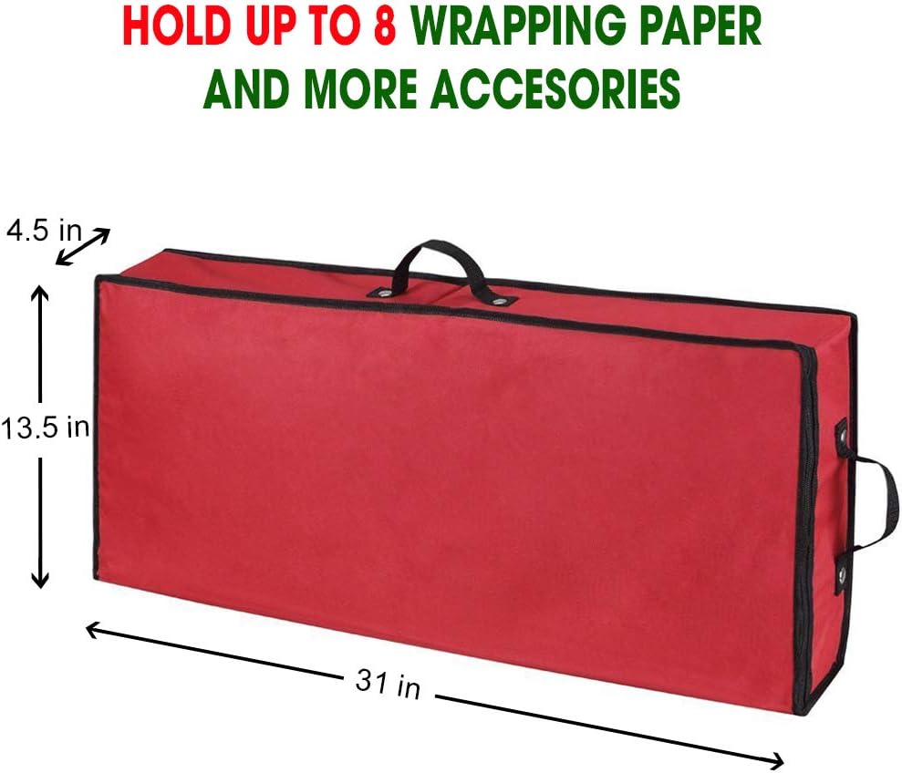 Primode Wrapping Paper Storage Container - Under Bed Organizer for 30-Inch Rolls | 31”x13.5”x4.5” | Durable 600D Oxford Material with Pockets for Ribbons and Bows (Red)