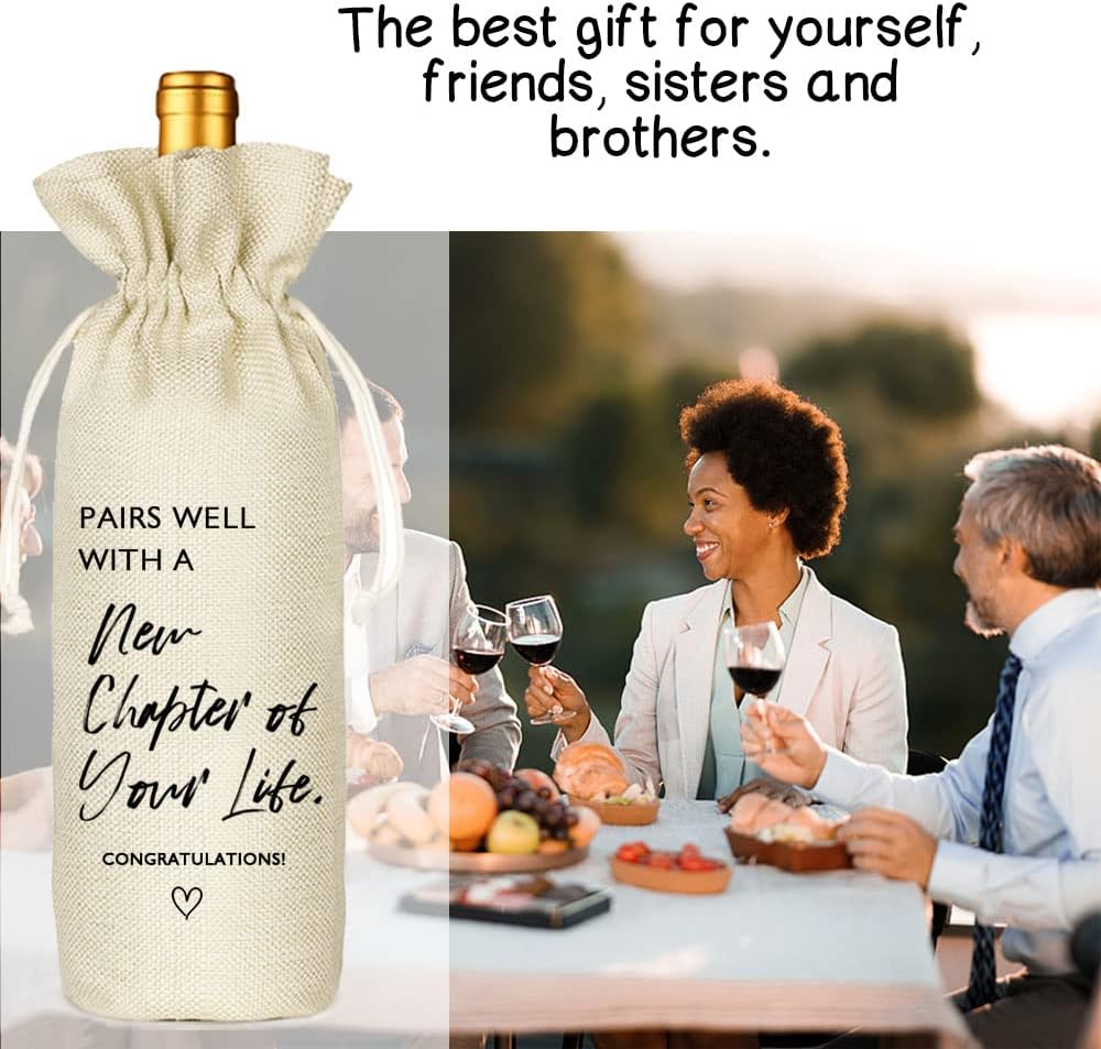 Socive New Job Gifts Wine Bag, Pairs Well With a New Chapter of Your Life, Job Gifr for Colleague, Coworker, Boss, Friends - Burlap Drawstring Wine Bag