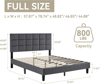 Susalt Full Size Platform Bed Frame - Upholstered Headboard, Linen Fabric, 800LBS Support, Grey
