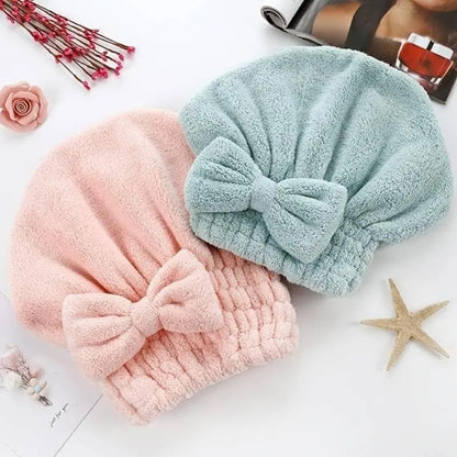 Women's 4-Piece Bow Decor Shower Cap and Hair Towel Wrap Set - Reusable Ultra-Absorbent Coral Fleece, Travel-Friendly Self Care