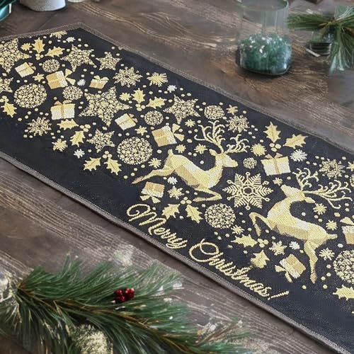 Christmas Table Runner Black & Gold Reindeer Decor 13x54 Inches