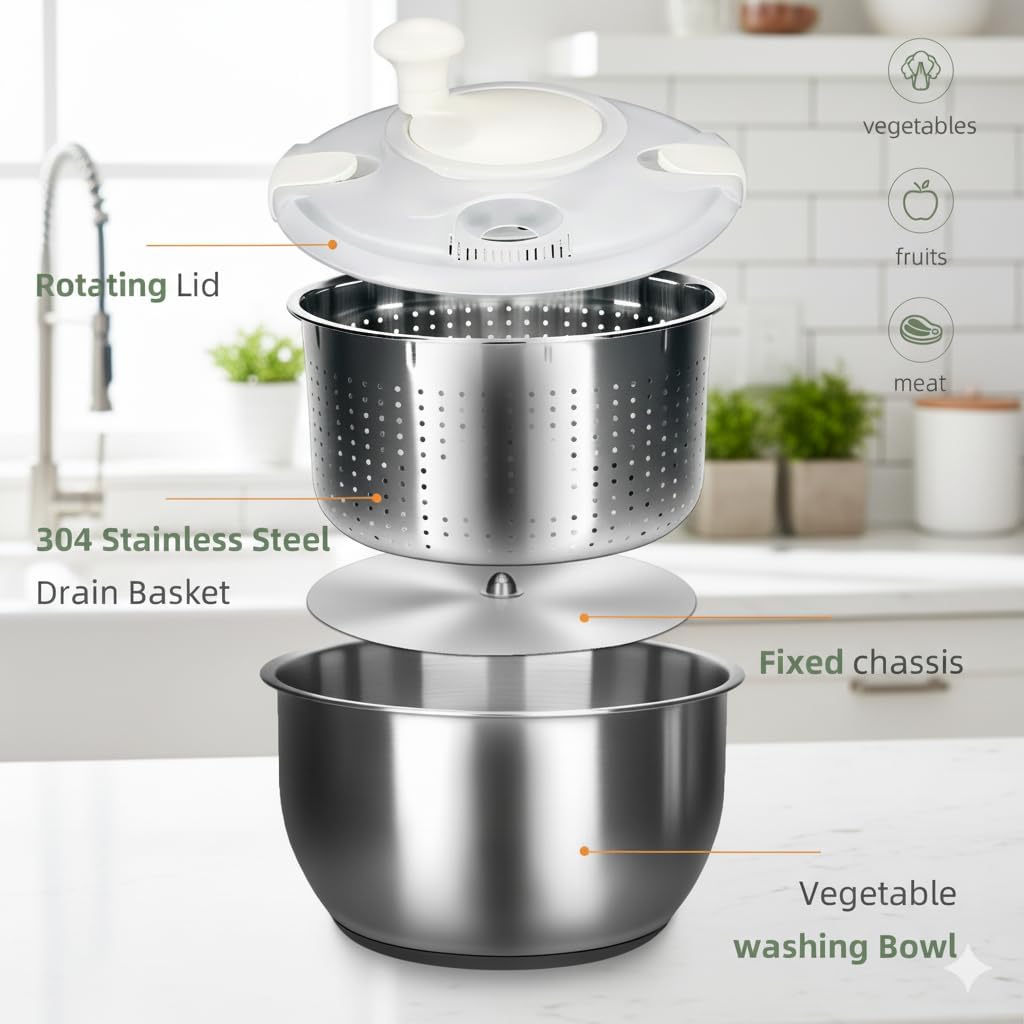 Skiennix 6L Stainless Steel Salad Spinner - Non-Slip Base & Multi-Use Vegetable Strainer
