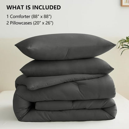 CozyLux Queen Comforter Set Dark Grey, 3 Pieces Solid Comforters Queen Size Breathable Quilted Bedding Sets, Dark Gray Luxury Soft Lightweight Bed Set with Down Alternative Comforter and 2 Pillowcases