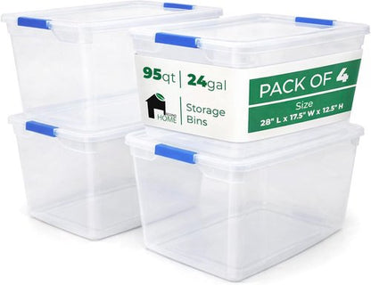 EconoHome Clear Storage Box - 95 Qt Heavy-Duty Plastic Bins with Lids | 4-Pack Stackable Organizers