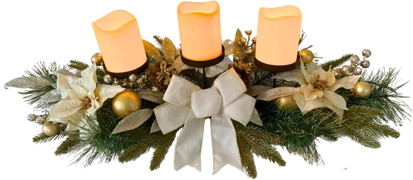 Svndlyn Christmas Candle Holders - Elegant 3-Piece Centerpiece with Poinsettia Flowers & Glitter Pine Branches