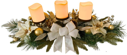 Svndlyn Christmas Candle Holders - Elegant 3-Piece Centerpiece with Poinsettia Flowers & Glitter Pine Branches