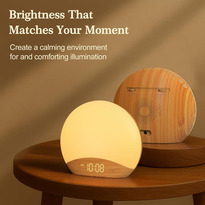 REACHER Sunrise Alarm Clock - Wood Grain Design with 26 Sleep Sounds & Dimmable Nightlight | Perfect for Kids & Adults