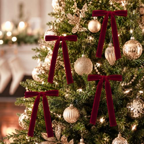 Milimot Burgundy Velvet Christmas Bows Set - 24 Pre-Tied 5x7 Inch Decorations with Gold Ties