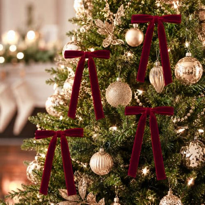 Milimot Burgundy Velvet Christmas Bows Set - 24 Pre-Tied 5x7 Inch Decorations with Gold Ties