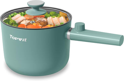 Topwit Electric Hot Pot - 1.5L Portable Ramen Cooker with Non-Stick Frying Pan & Dual Power Control - Green