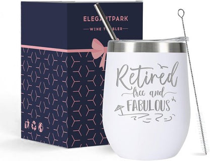 ELEGANTPARK Retirement Gifts for Women 2026, Retired Free and Fabulous 12oz Insulated Wine Tumbler with Lid & Straw, Funny Farewell Milestone Gift for Teacher Nurse Mom Boss Coworker, White
