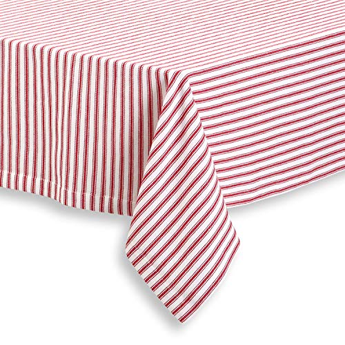 Red and White Ticking Stripe Woven Cotton Tablecloth - 60 Inch Round
