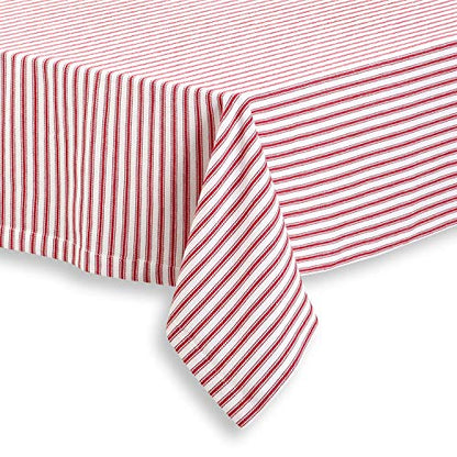 Red and White Ticking Stripe Woven Cotton Tablecloth - 60 Inch Round