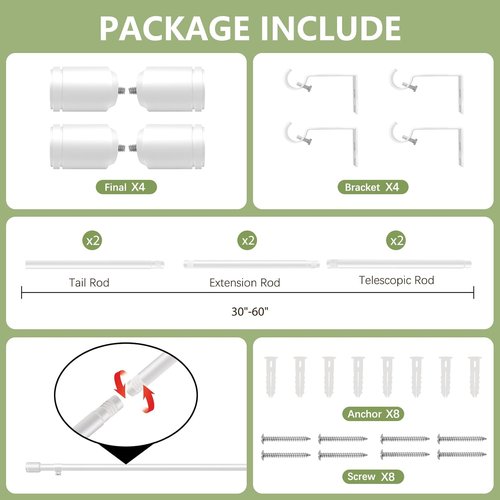 Adjustable 5/8” Diameter Curtain Rods by [Brand Name] - 30-60 Inch, White, 2 Pack with Brackets for Small Windows