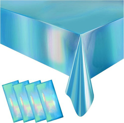 4 Pack Iridescent Plastic Tablecloths - Sparkly Foil Disposable Covers for Rectangle Tables | 54 x 108 Inch