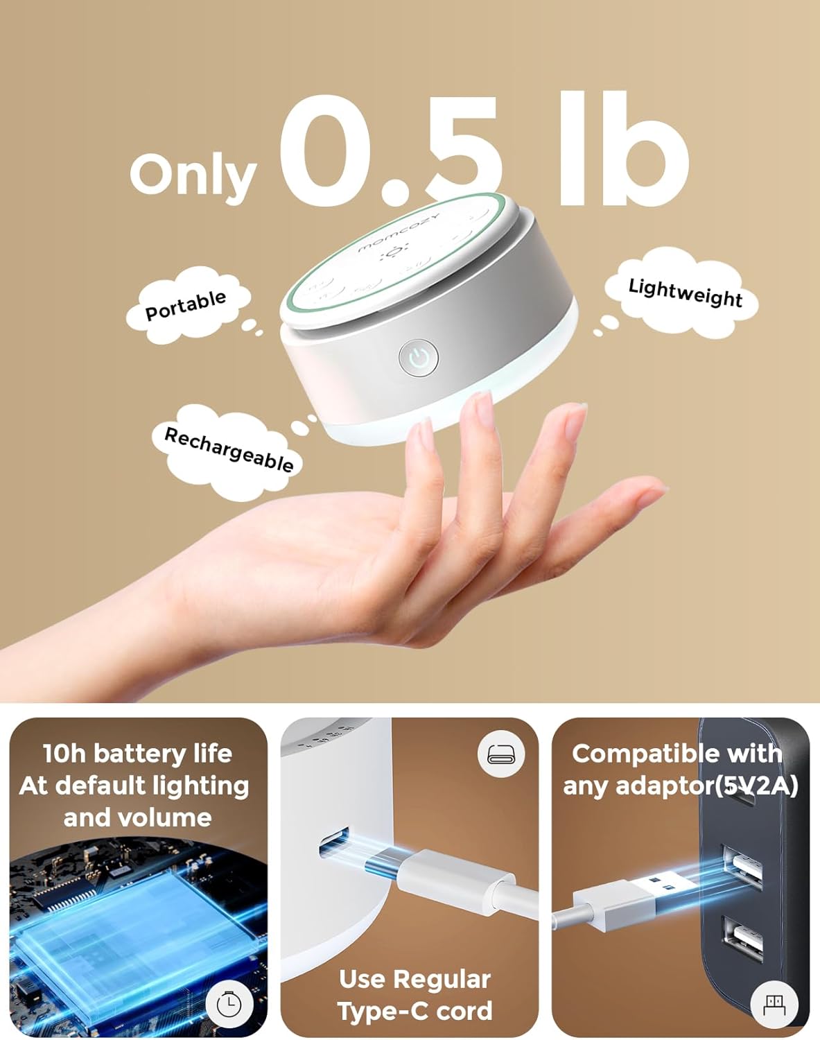 Momcozy Sound Machine - 20 Soothing Sounds with Touch Warm Light | Portable White Noise for Kids & Adults