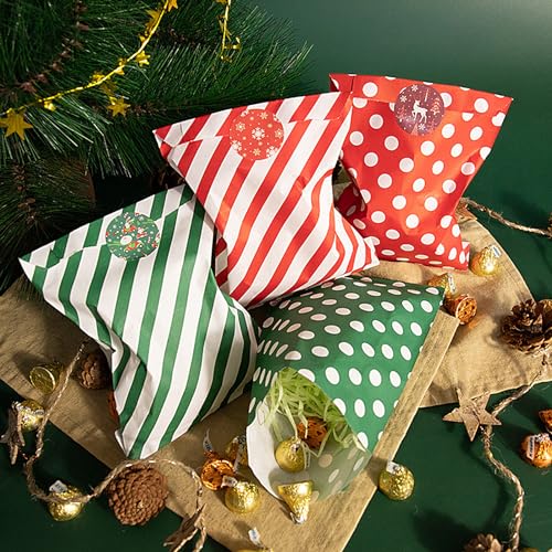 Christmas Treat Bags 100 Pack - Red and Green Polka Dot & Striped Paper Gift Bags