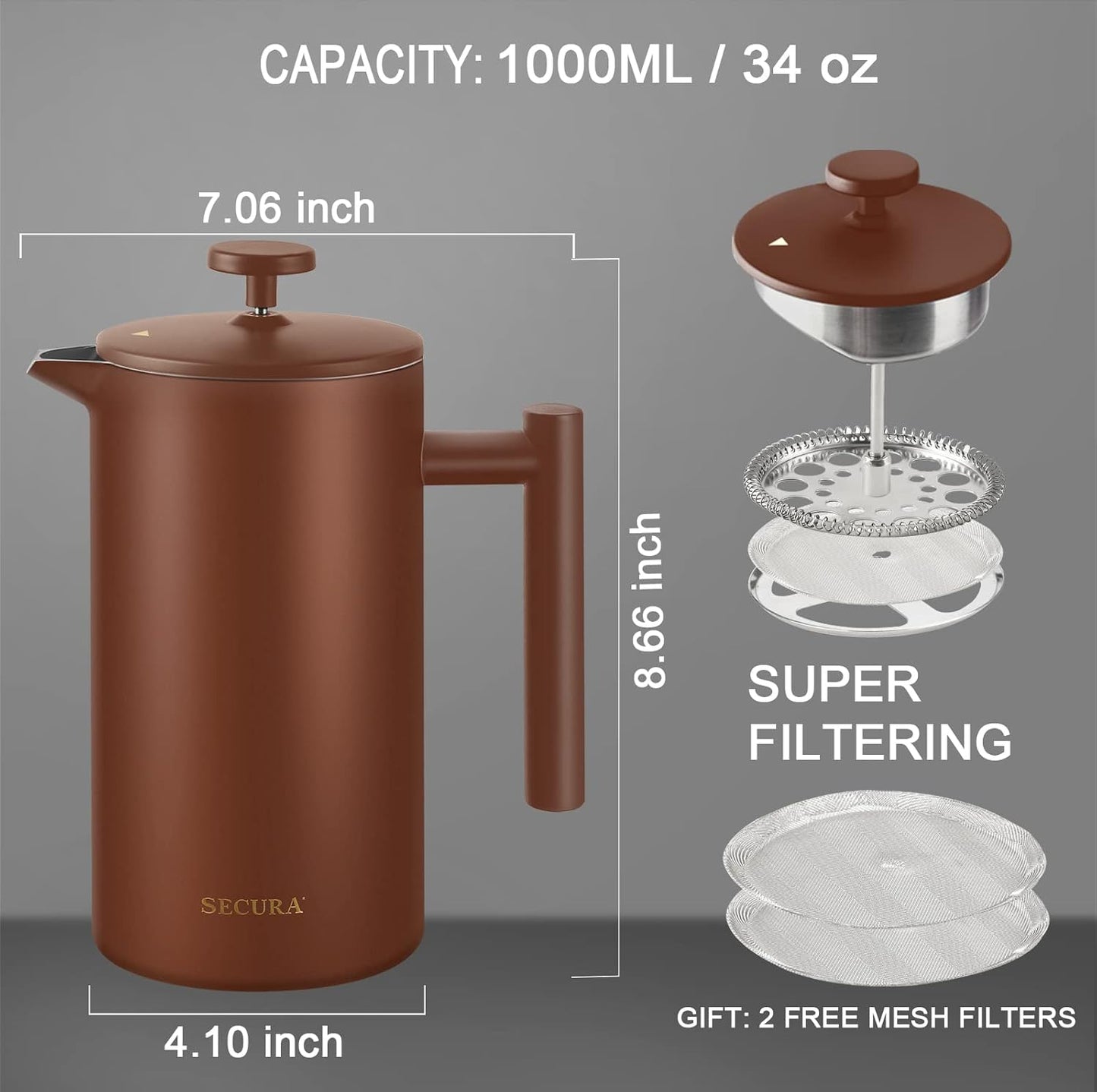 Secura French Press Coffee Maker - 304 Grade Stainless Steel Insulated Design | 34oz (1 Litre) Capacity