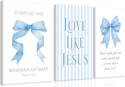 Blue Bow Jesus Canvas Wall Art - Inspirational Bible Verse Decor for Dorm Room | 12x16 Inch Framed