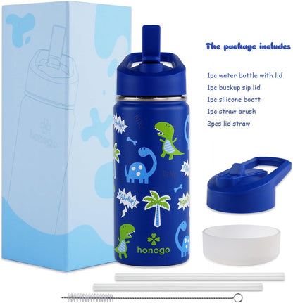Skiennix 16 oz Stainless Steel Kids Water Bottle - Leak Proof Thermal Flask with Straw Lid | Cute Blue Dino Design for School