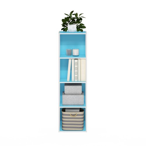 Furinno PASIR Book Shelf, 4-Tier Modern Bookshelf, Open Shelves Bookcase 9 x 12 x 42, Easy Assembly, for Living Room, Bedroom, Home Office, Light Blue/White