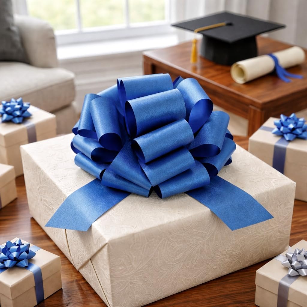 Skiennix Large Royal Blue Pull Bow - 14 Inch Glitter Ribbon for Gifts, Parties & Home Decor