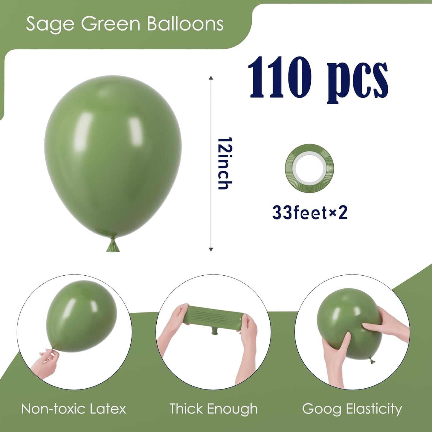 Voircoloria 110-Piece Sage Green Balloons - 12-Inch Olive Green Latex for Weddings, Graduations & Parties