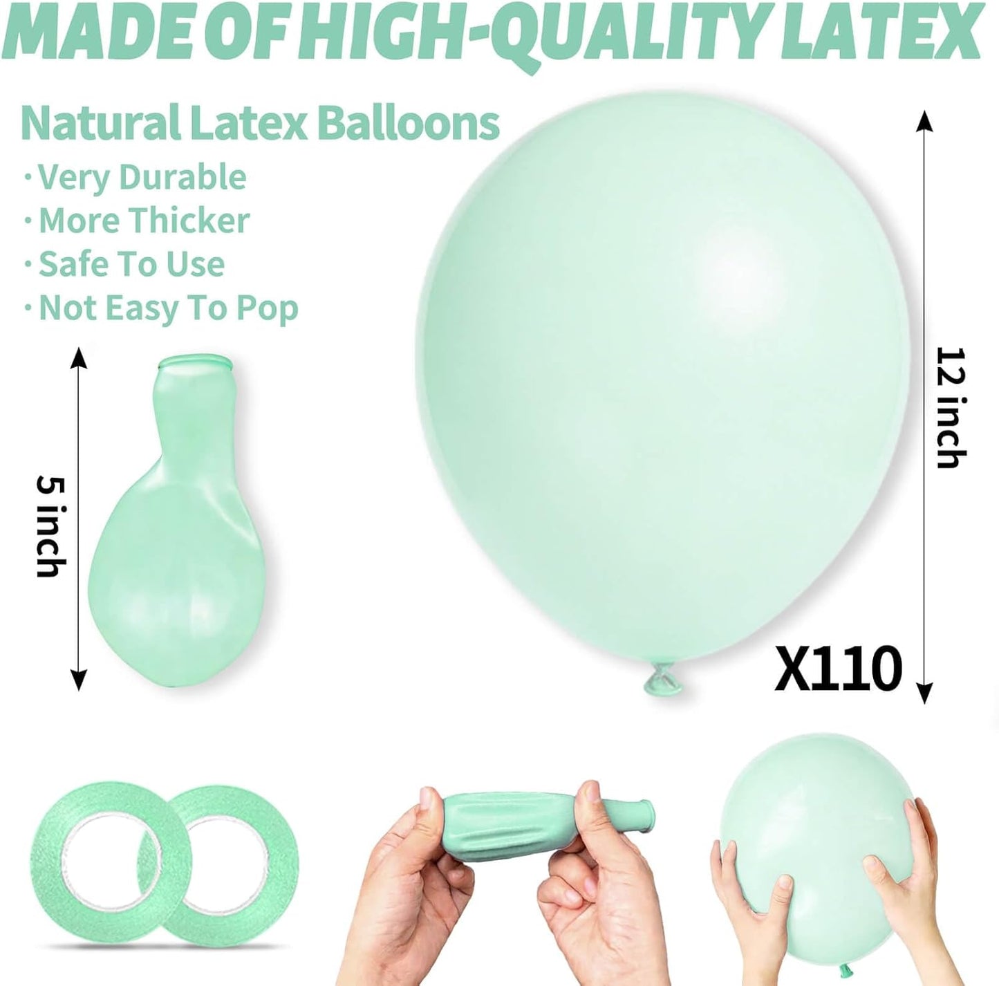 Skiennix Pastel Green Balloons - 12 Inch Latex Balloons for Birthday Parties & Baby Showers | 110 Pack with Ribbons